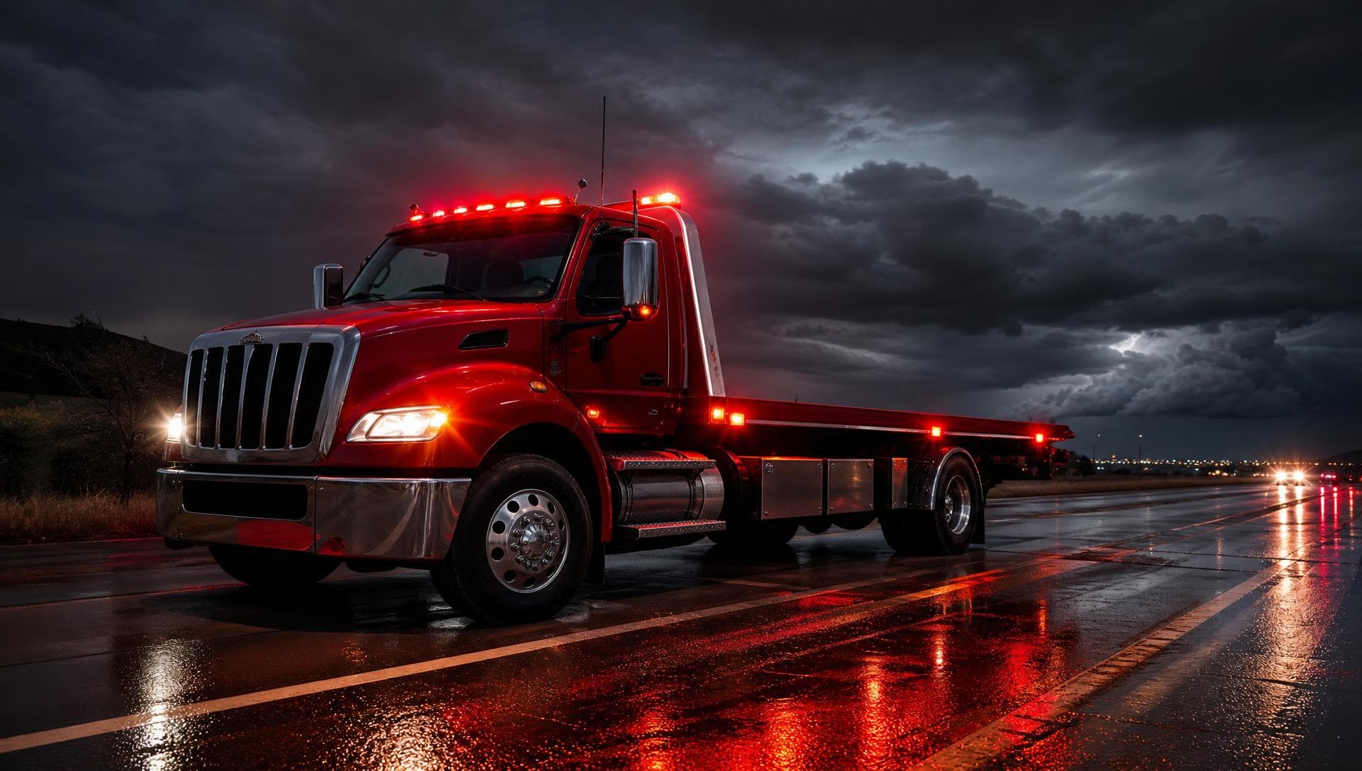 YAS Towing flatbed tow truck on the road at night in Central Texas