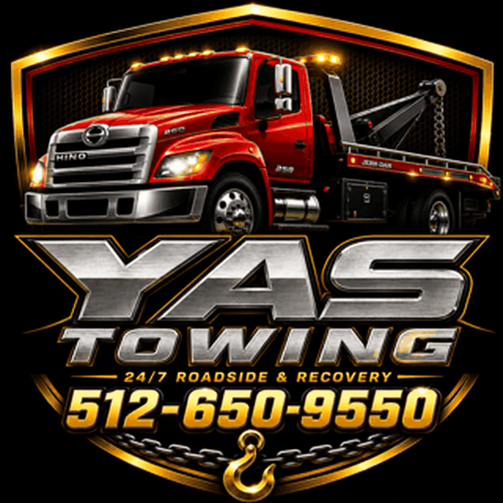 YAS Towing logo — red flatbed tow truck on a gold shield
